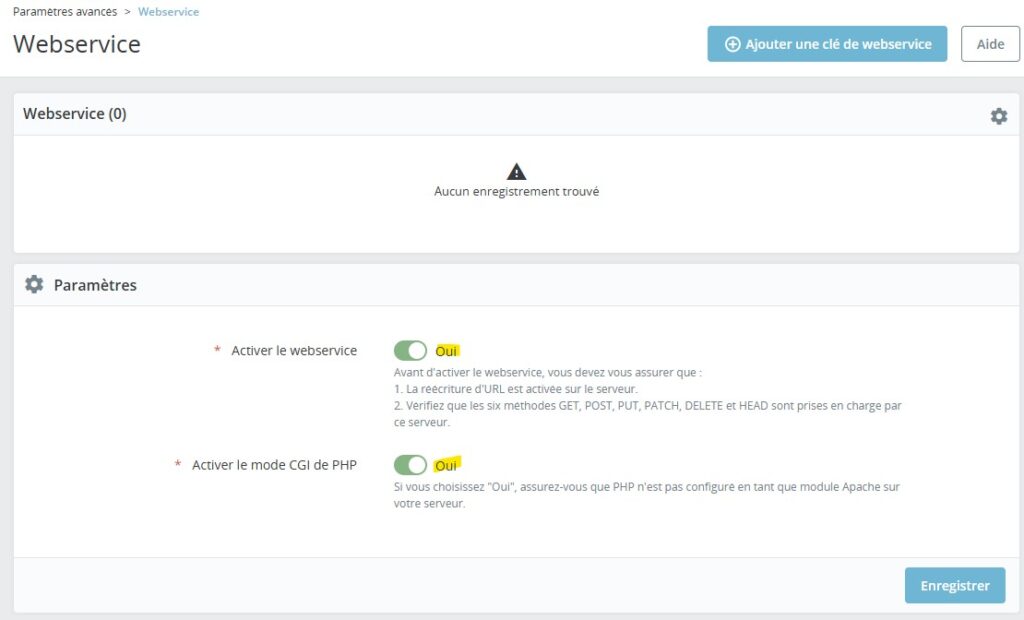 Modules Shop › Installation et configuration du webservice clé Prestashop®